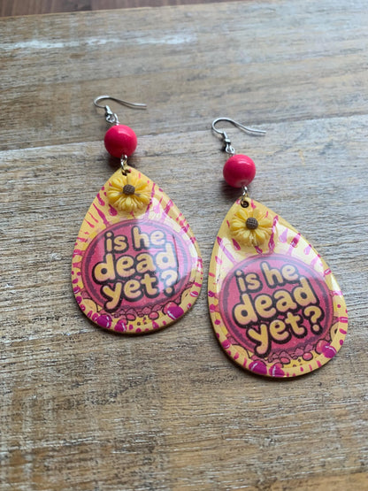 Is He Dead Yet Earrings Wood Protest Liberal Democrat Activist Funny Retro Flowers Clip On Earrings Yellow Millennial Govt Ear Hangers