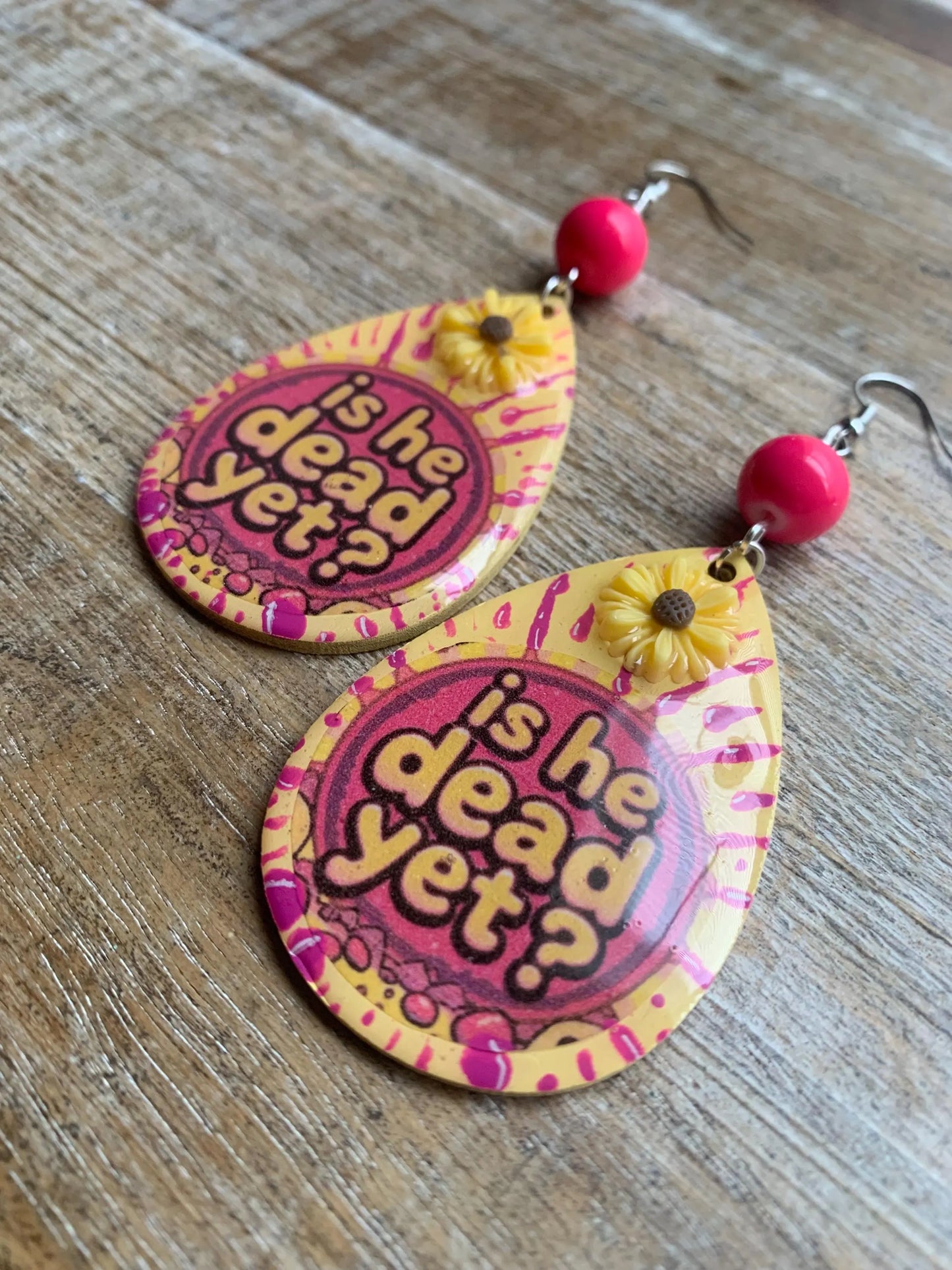 Is He Dead Yet Earrings Wood Protest Liberal Democrat Activist Funny Retro Flowers Clip On Earrings Yellow Millennial Govt Ear Hangers