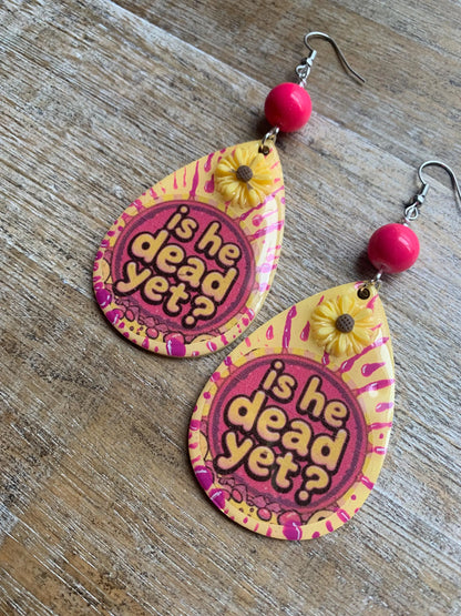 Is He Dead Yet Earrings Wood Protest Liberal Democrat Activist Funny Retro Flowers Clip On Earrings Yellow Millennial Govt Ear Hangers