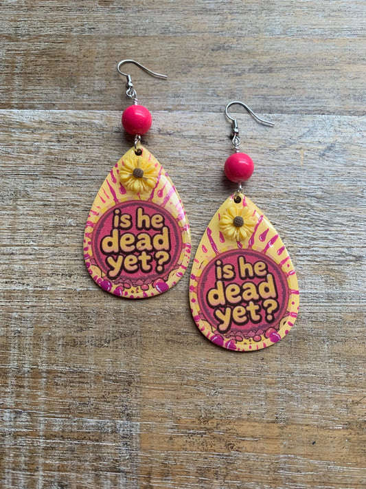 Is He Dead Yet Earrings Wood Protest Liberal Democrat Activist Funny Retro Flowers Clip On Earrings Yellow Millennial Govt Ear Hangers