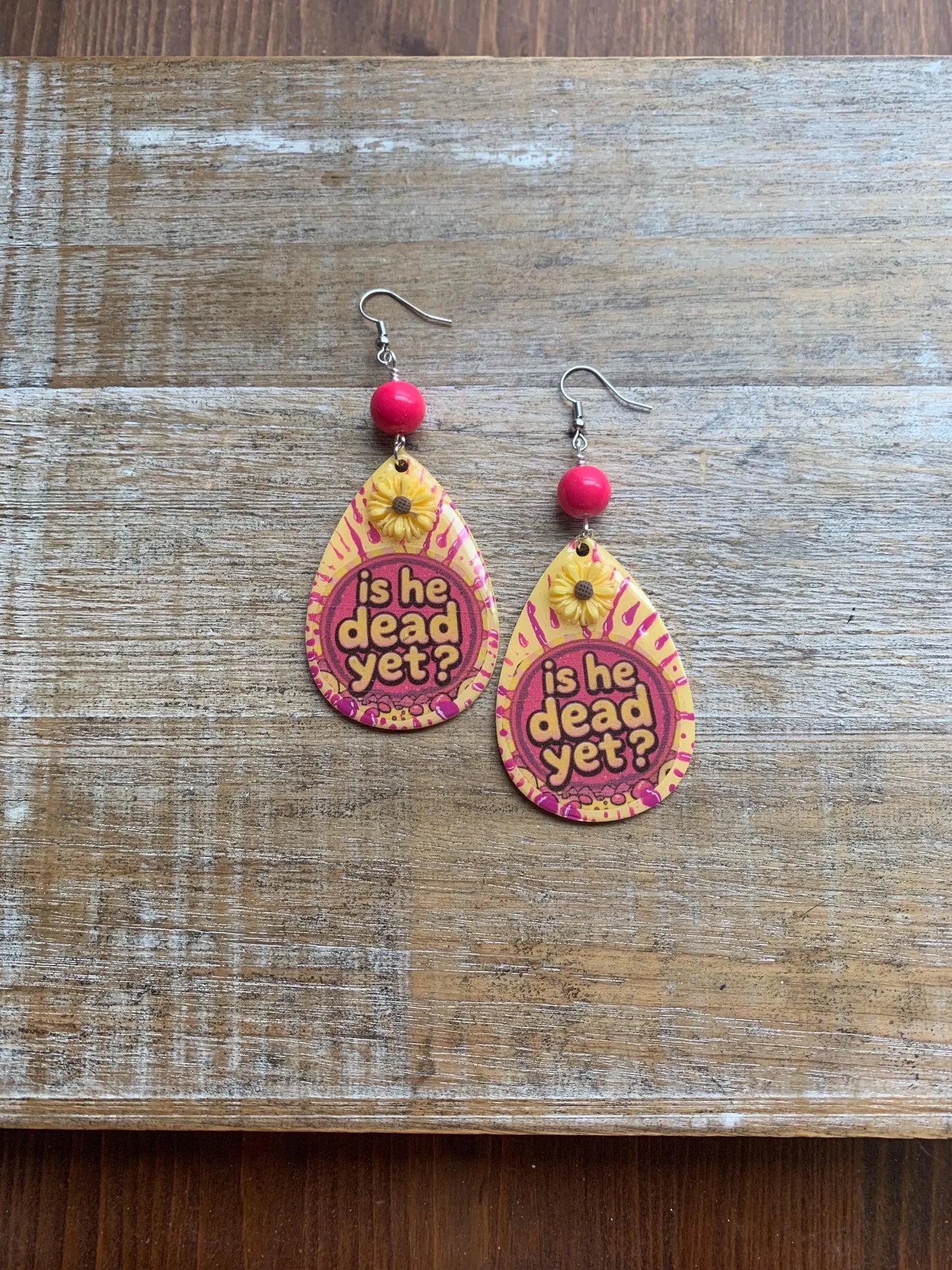 Is He Dead Yet Earrings Wood Protest Liberal Democrat Activist Funny Retro Flowers Clip On Earrings Yellow Millennial Govt Ear Hangers