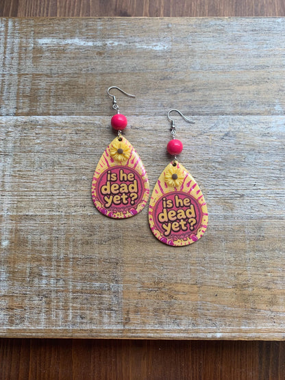 Is He Dead Yet Earrings Wood Protest Liberal Democrat Activist Funny Retro Flowers Clip On Earrings Yellow Millennial Govt Ear Hangers
