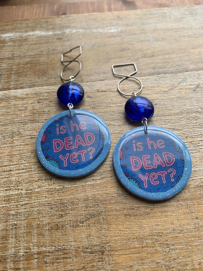 Is He Dead Yet Tunnel Gauge Earrings Clay Protest Liberal Democrat Activist Funny Retro Flowers Clip On Earrings Blue Millennial Govt