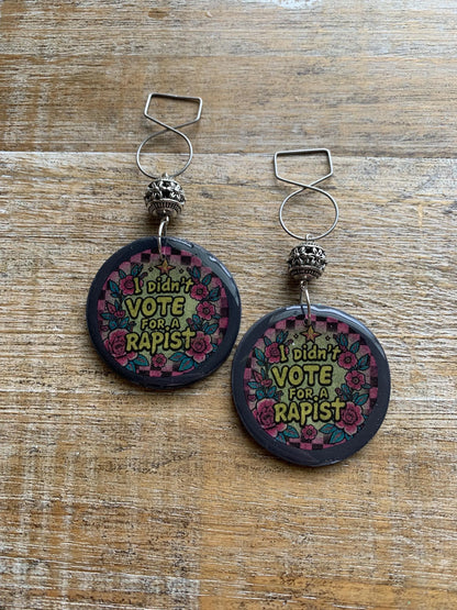 I Didn’t Vote for a Rapist Gothic Earrings Art Deco Checkered Liberal Ear Hangers Anti Trump Democrat Clip On Earrings Tunnel Gauge Earrings