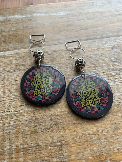 I Didn’t Vote for a Rapist Gothic Earrings Art Deco Checkered Liberal Ear Hangers Anti Trump Democrat Clip On Earrings Tunnel Gauge Earrings
