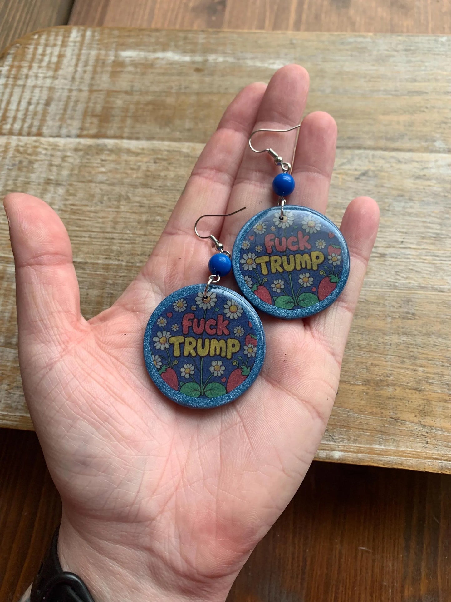 Anti Trump Earrings Clay Protest Fuck Trump Activist Fruit Flower Liberal Clip On Earrings Punk Blue FDT Anti Authoritarian Govt Ear Hangers