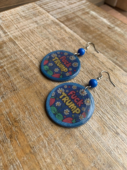 Anti Trump Earrings Clay Protest Fuck Trump Activist Fruit Flower Liberal Clip On Earrings Punk Blue FDT Anti Authoritarian Govt Ear Hangers