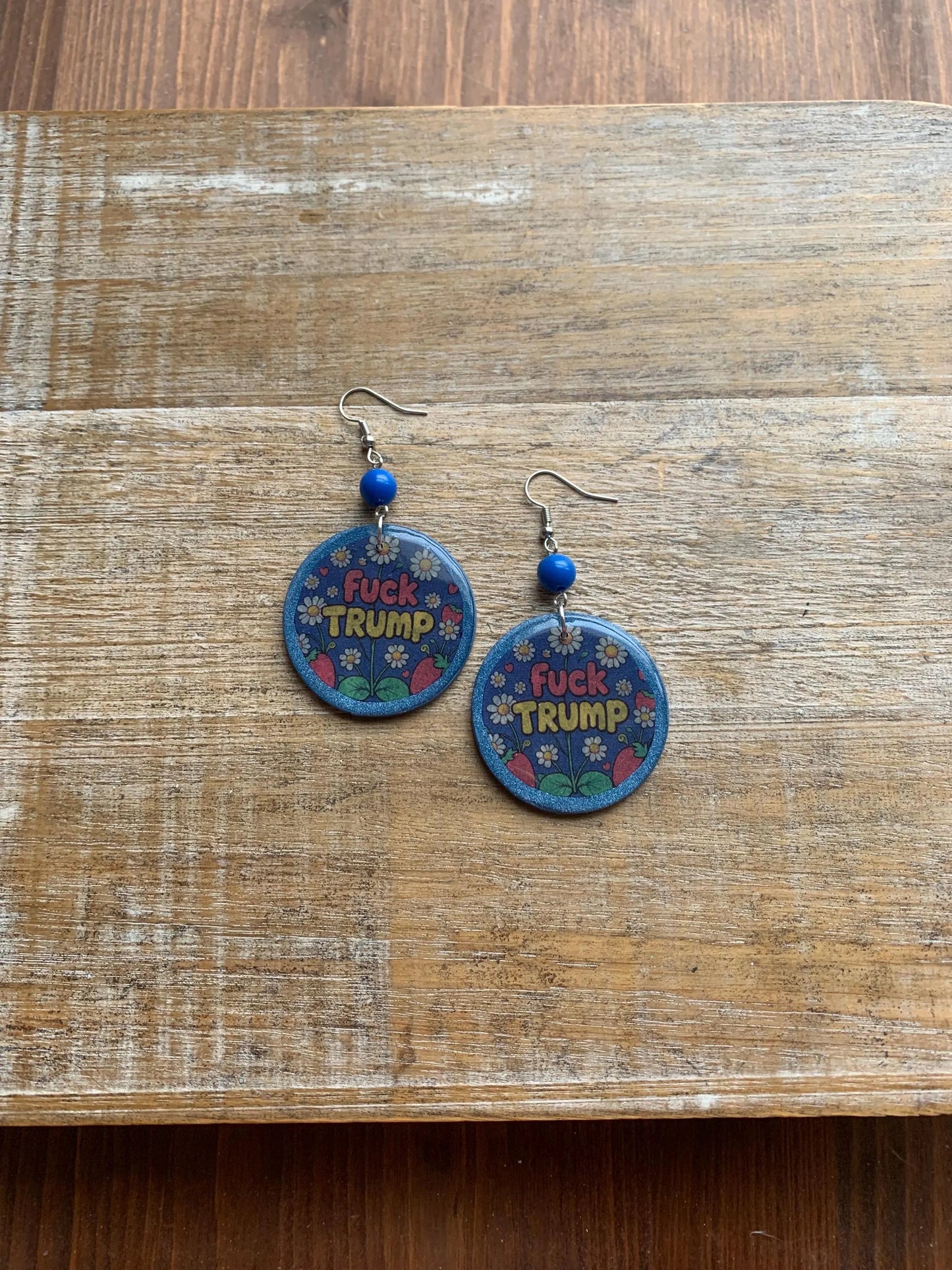 Anti Trump Earrings Clay Protest Fuck Trump Activist Fruit Flower Liberal Clip On Earrings Punk Blue FDT Anti Authoritarian Govt Ear Hangers