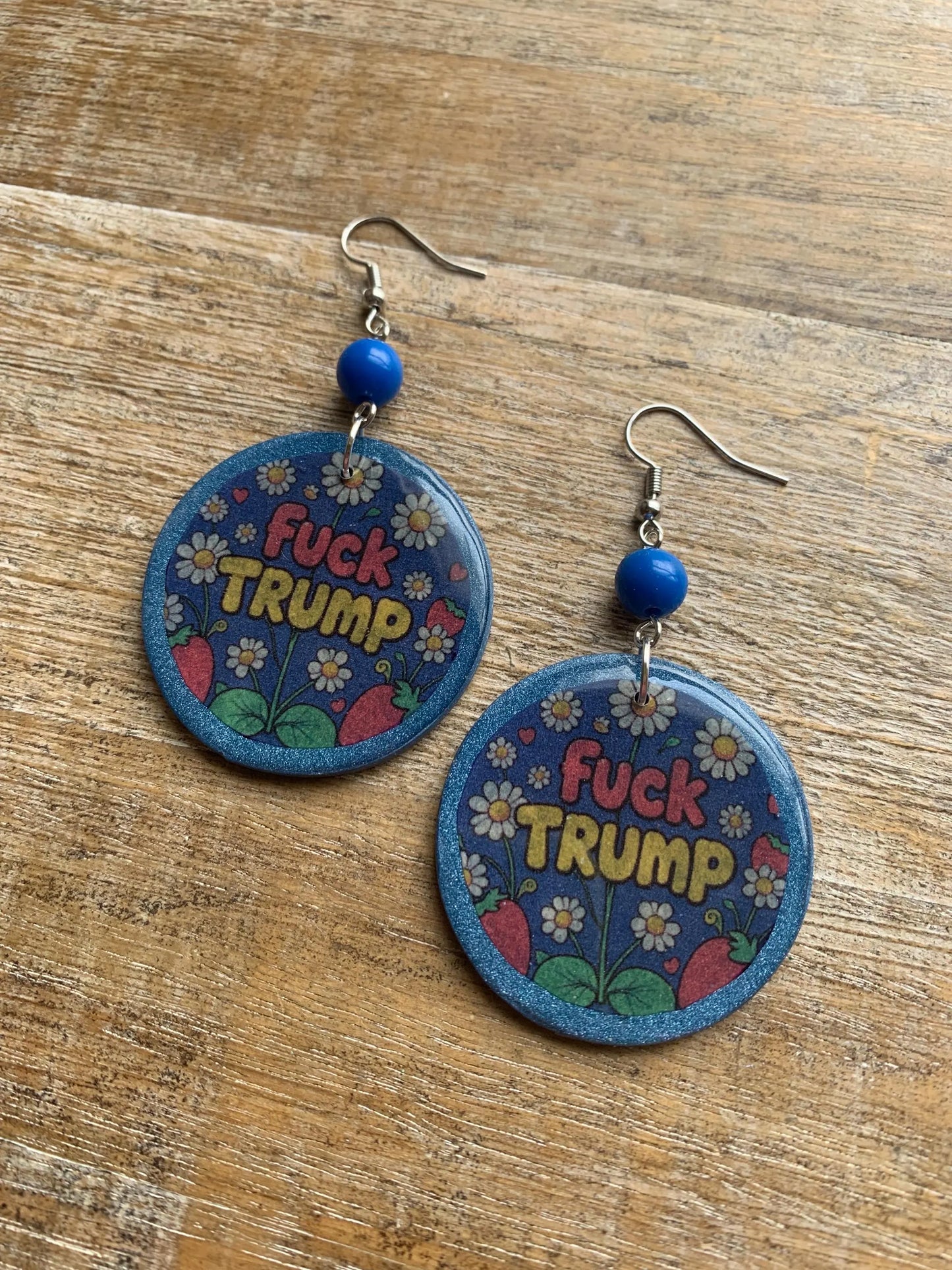 Anti Trump Earrings Clay Protest Fuck Trump Activist Fruit Flower Liberal Clip On Earrings Punk Blue FDT Anti Authoritarian Govt Ear Hangers