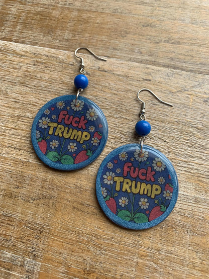 Anti Trump Earrings Clay Protest Fuck Trump Activist Fruit Flower Liberal Clip On Earrings Punk Blue FDT Anti Authoritarian Govt Ear Hangers