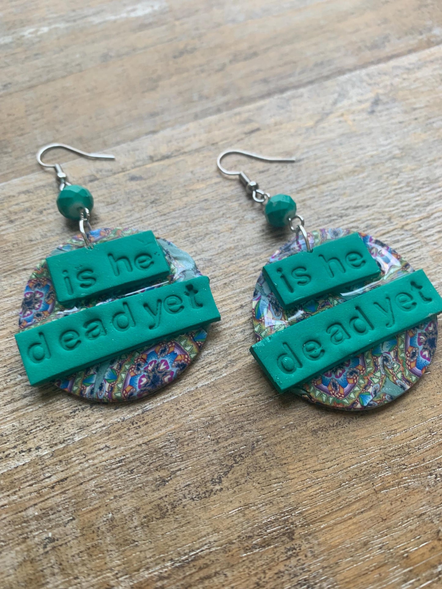 Is He Dead Yet Earrings Clay Protest Liberal Democrat Activist Funny Retro Statement Clip On Earrings Green Millennial Teal Ear Hangers