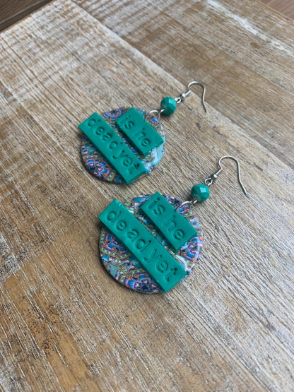 Is He Dead Yet Earrings Clay Protest Liberal Democrat Activist Funny Retro Statement Clip On Earrings Green Millennial Teal Ear Hangers
