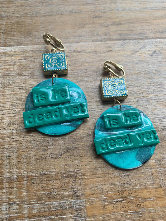 Is He Dead Yet Earrings Clay Protest Liberal Democrat Activist Funny Retro Statement Clip On Earrings Teal Millennial Govt Ear Hangers Blue