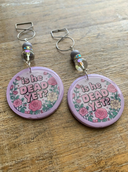 Is He Dead Yet Tunnel Gauge Earrings Clay Protest Liberal Democrat Activist Funny Retro Clip On Earrings Lavender Purple Millennial