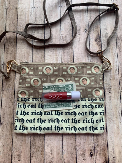 Deny Defend Depose Eat The Rich Beige Liberal Luigi Crossbody Purse Light Cotton Pouch Bag