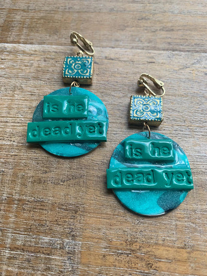 Is He Dead Yet Earrings Clay Protest Liberal Democrat Activist Funny Retro Statement Clip On Earrings Teal Millennial Govt Ear Hangers Blue