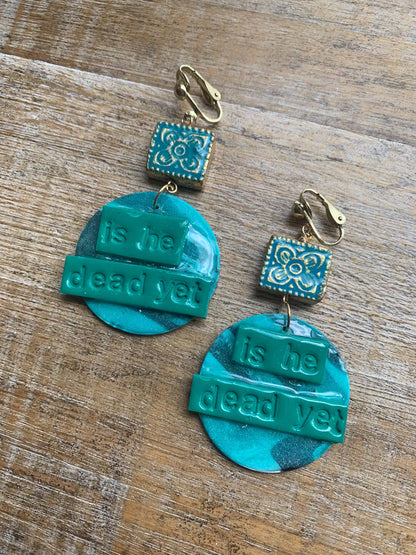 Is He Dead Yet Earrings Clay Protest Liberal Democrat Activist Funny Retro Statement Clip On Earrings Teal Millennial Govt Ear Hangers Blue