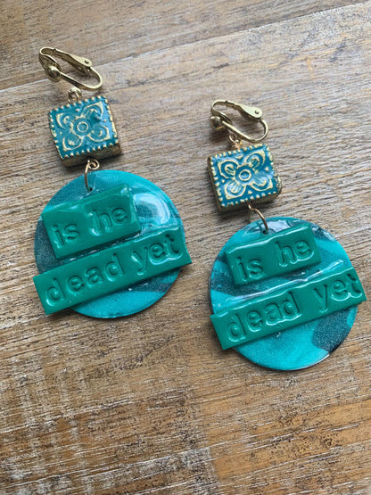 Is He Dead Yet Earrings Clay Protest Liberal Democrat Activist Funny Retro Statement Clip On Earrings Teal Millennial Govt Ear Hangers Blue