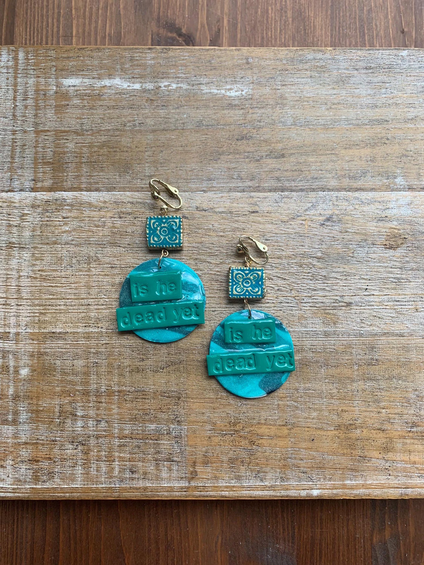 Is He Dead Yet Earrings Clay Protest Liberal Democrat Activist Funny Retro Statement Clip On Earrings Teal Millennial Govt Ear Hangers Blue