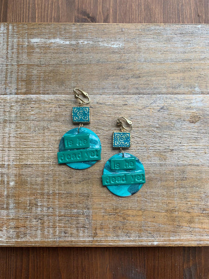 Is He Dead Yet Earrings Clay Protest Liberal Democrat Activist Funny Retro Statement Clip On Earrings Teal Millennial Govt Ear Hangers Blue