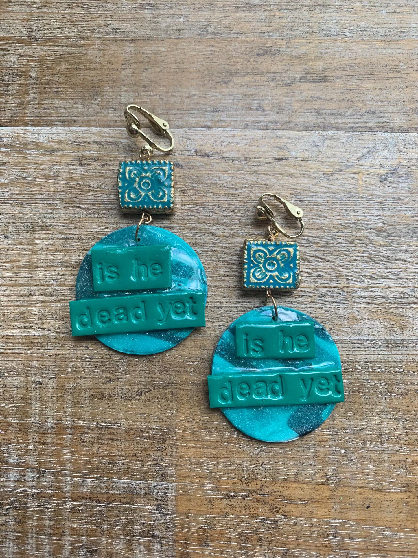 Is He Dead Yet Earrings Clay Protest Liberal Democrat Activist Funny Retro Statement Clip On Earrings Teal Millennial Govt Ear Hangers Blue