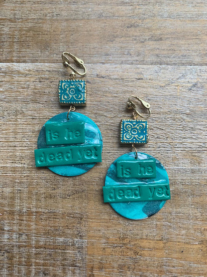 Is He Dead Yet Earrings Clay Protest Liberal Democrat Activist Funny Retro Statement Clip On Earrings Teal Millennial Govt Ear Hangers Blue