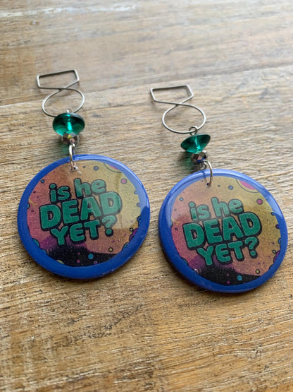 Is He Dead Yet Tunnel Gauge Earrings Clay Protest Liberal Democrat Activist Funny Retro Teal Clip On Earrings Blue Millennial Govt