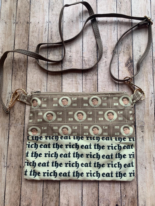 Deny Defend Depose Eat The Rich Beige Liberal Luigi Crossbody Purse Light Cotton Pouch Bag