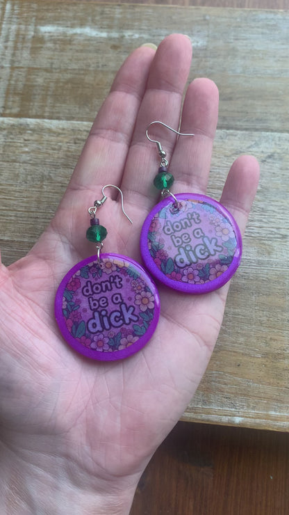 Don’t Be A Dick Purple Clay Floral Earrings Funny Clip On Earrings Tunnel Gauge Earrings