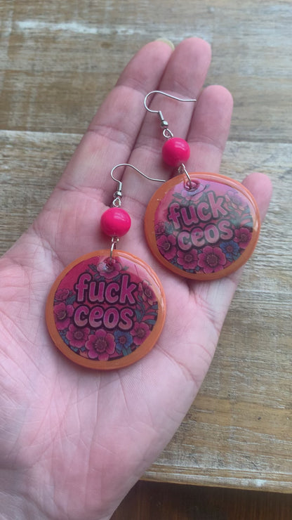 Fuck CEOs Eat the Rich Earrings Neon Pink Orange Tunnel Gauge Earrings Clip On Earrings